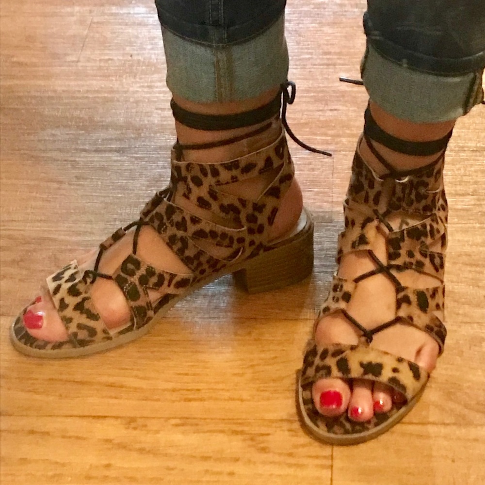 Wild Diva Lace Up Leopard Gladiator Sandals